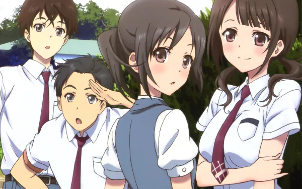 HD anime desktop wallpaper featuring Sakai Wakana, Sawa Okita, Tanaka Taichi, and Maeda Atsuhiro from Tari Tari in school uniforms outdoors.