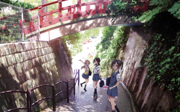 Anime-style HD PC desktop wallpaper featuring three girls from Tari Tari walking under a red bridge surrounded by lush greenery and stone walls.