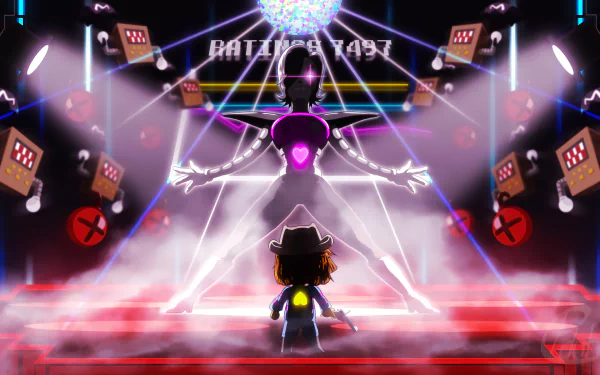 An HD wallpaper featuring Mettaton EX and Frisk from the video game Undertale, showcasing a dramatic scene with vibrant lights and a mesmerizing atmosphere.