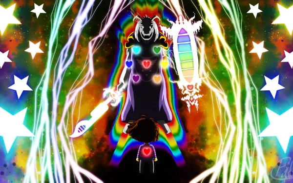 HD desktop wallpaper featuring Asriel and Frisk from Undertale. A colorful and dynamic background highlights the characters in this vivid video game scene.