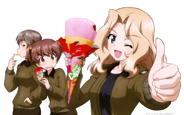 Anime — Girls und Panzer 4K Ultra HD PC desktop wallpaper/background: three tank-crew girls in green jackets; blonde winks and thumbs-up holding a giant ice-cream cone while teammates snack.