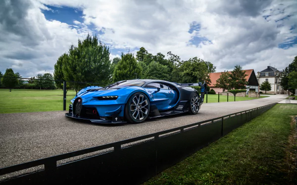 Blue Bugatti Chiron GT supercar on a paved road, set against a scenic backdrop with trees and a building under a dramatic cloudy sky. HD desktop wallpaper with vivid details.
