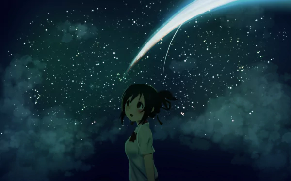 A serene HD desktop wallpaper featuring Mitsuha Miyamizu from the anime Your Name, gazing at a starry sky with a comet streaking across.