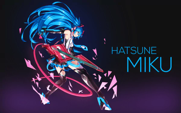 Vibrant HD PC desktop wallpaper of Hatsune Miku in anime Vocaloid rock style: blue‑haired singer with electric guitar, dynamic ribbons and shattered glass effects on a dark gradient background.