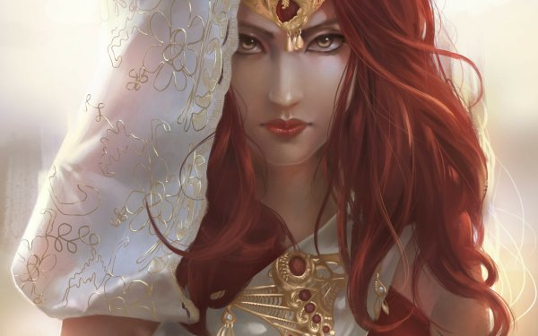 Fantasy Women Face Red Hair Jewelry Yellow Eyes HD Wallpaper | Background Image