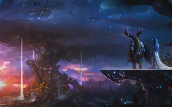 Malfurion Stormrage stands on a cliff, overlooking a mystical landscape at twilight, featuring a colossal tree and vibrant hues, capturing the fantasy of World of Warcraft in this HD wallpaper.