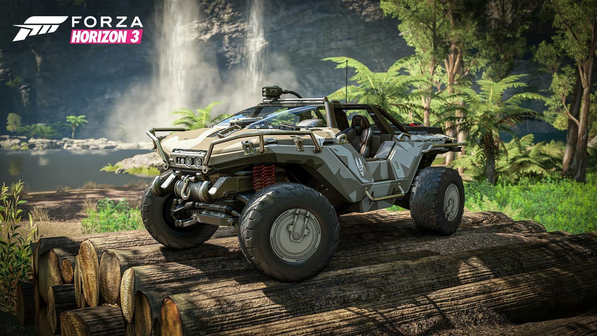 HD PC desktop wallpaper featuring an off-road vehicle from the video game Forza Horizon 3 against a lush, tropical backdrop with waterfalls and dense greenery.