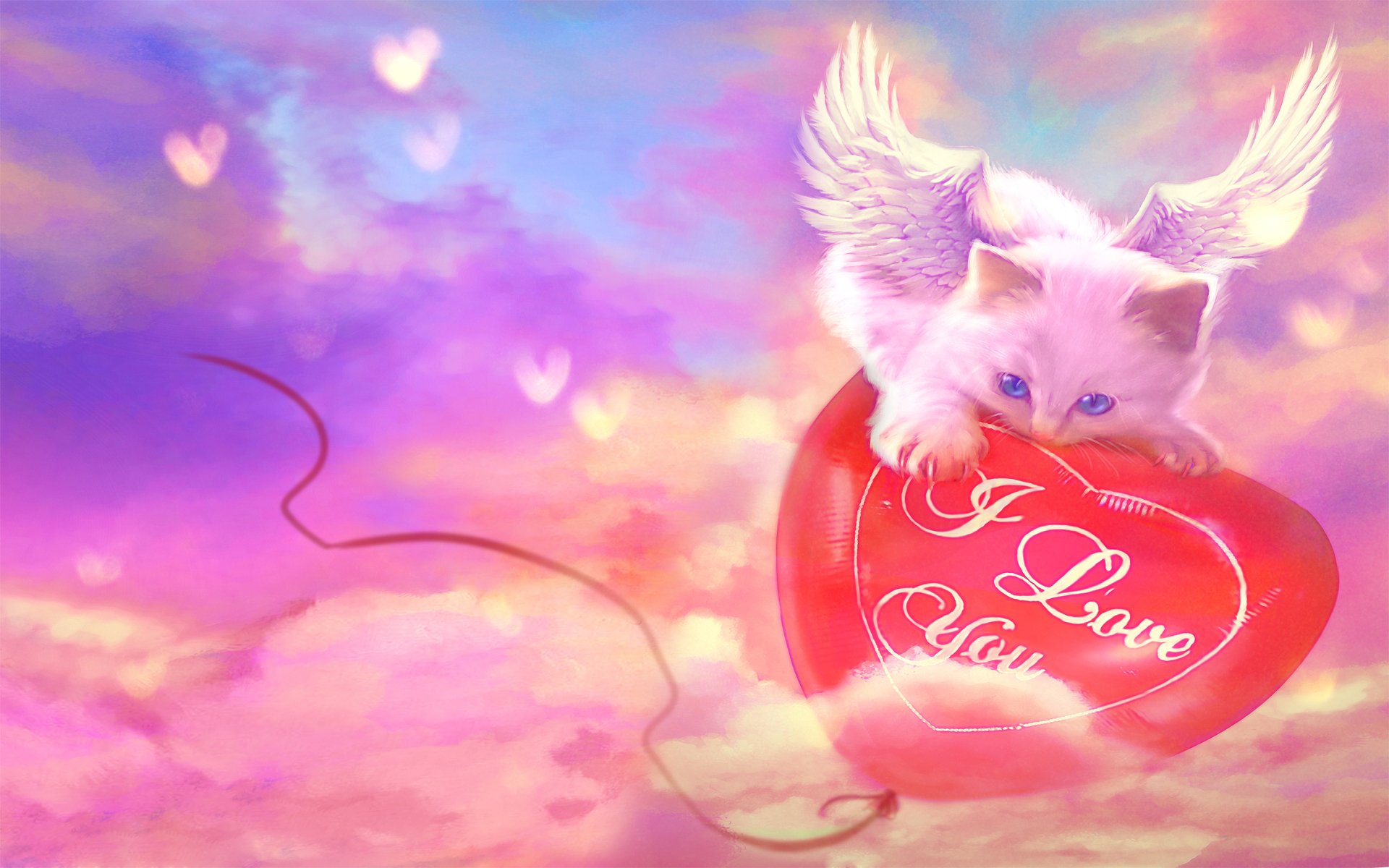 A charming kitten with angel wings holds a heart-shaped balloon that reads I Love You, set against a dreamy, pastel holiday background for Valentine's Day.