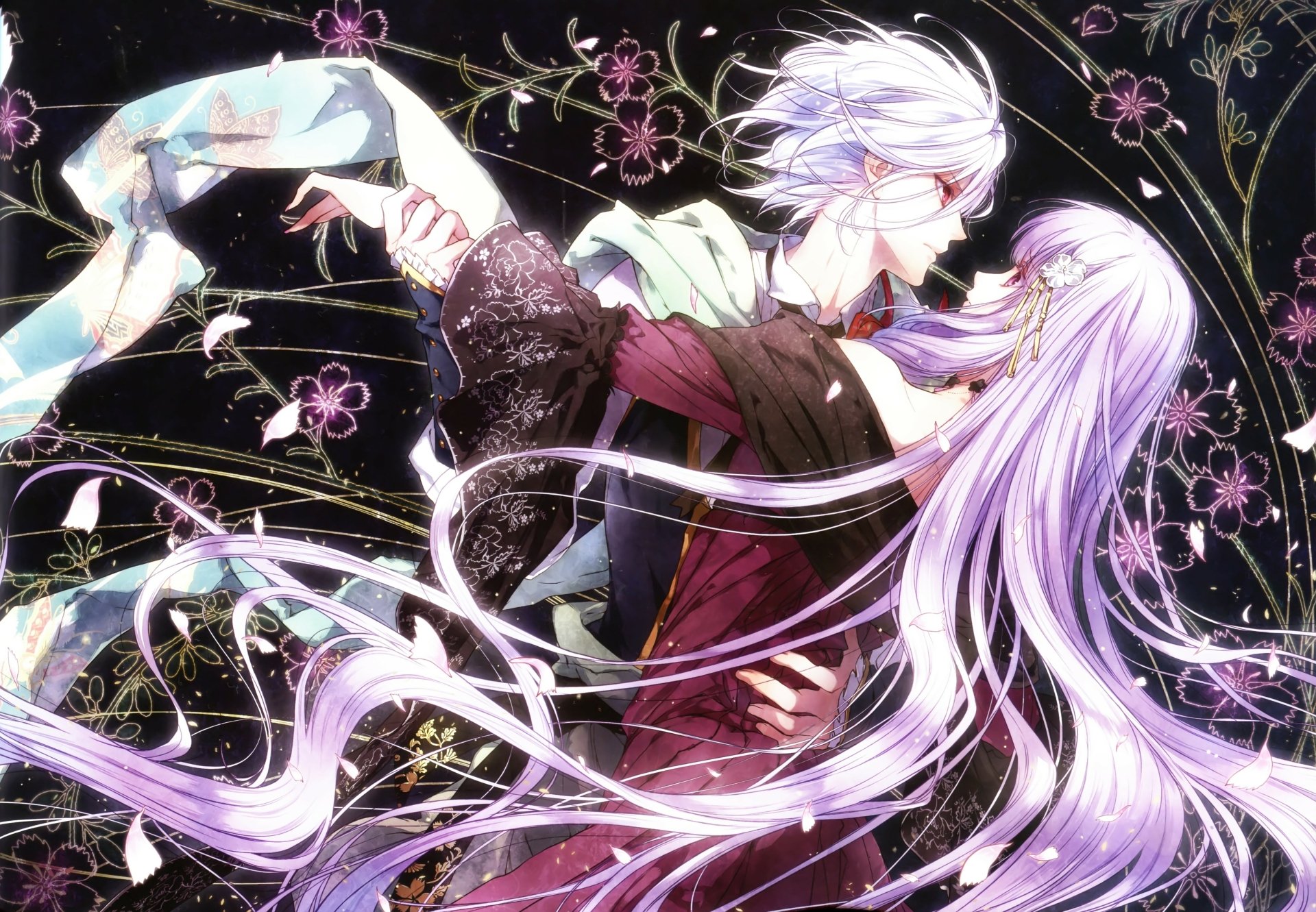 Anime 5K Ultra HD PC wallpaper Reine des Fleurs: two ethereal figures with silver and lavender hair embrace amid swirling floral vines and shimmering ribbons.