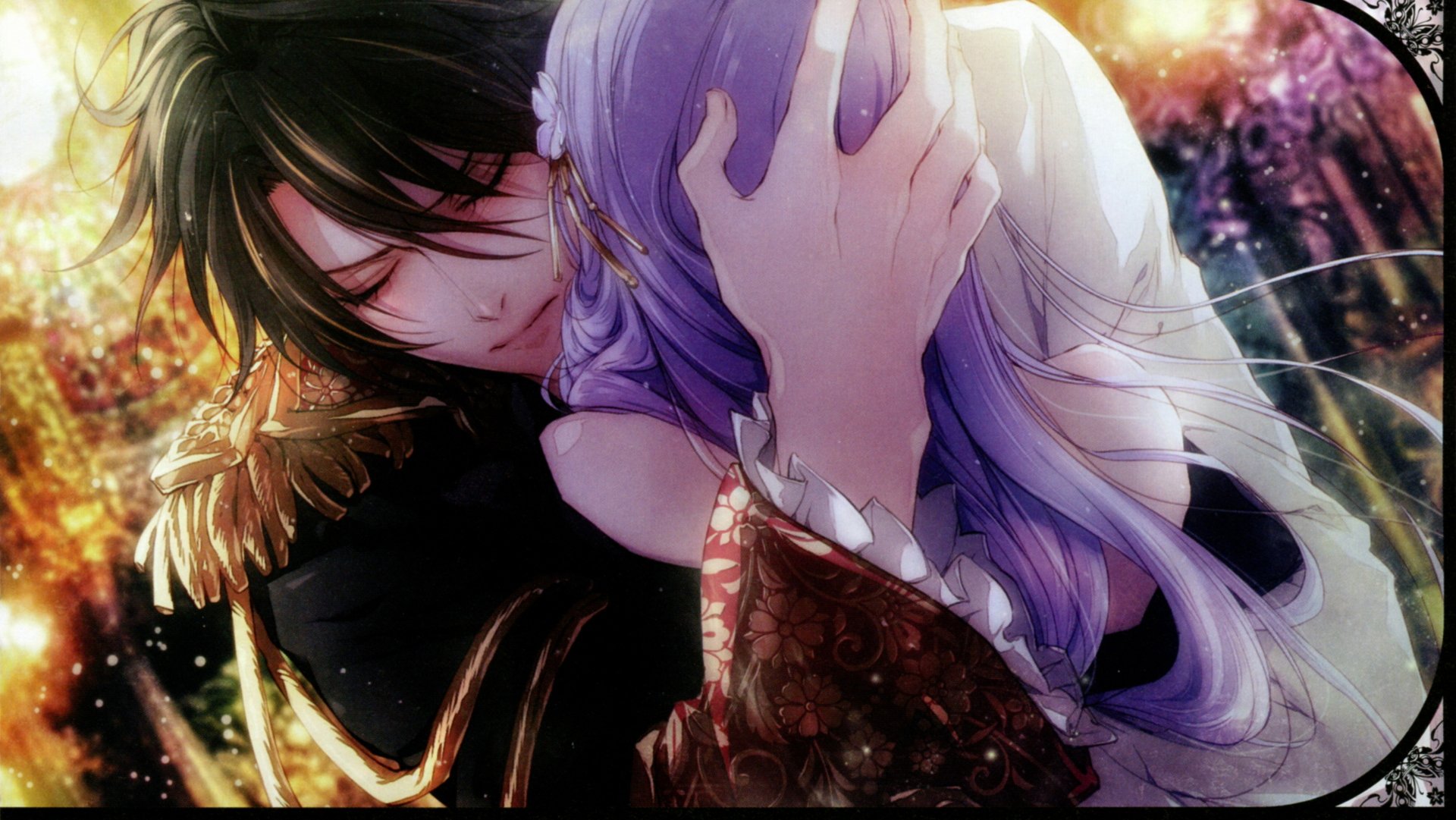 Anime-style 4K Ultra HD wallpaper depicting an intimate embrace between two characters from Reine des Fleurs, glowing with soft, warm lighting and detailed artwork.