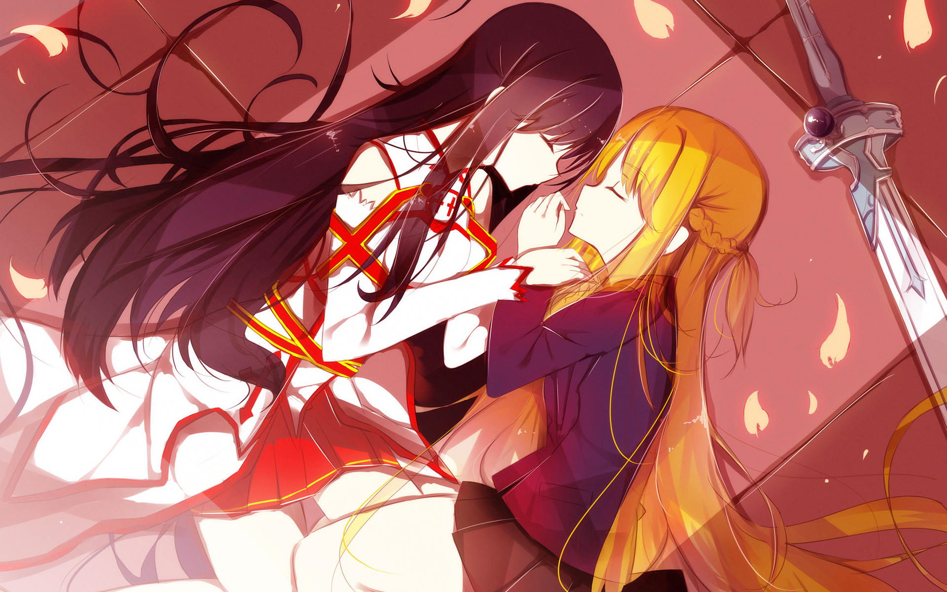 HD anime desktop wallpaper featuring a crossover between Accel World and Sword Art Online, showcasing Kuroyukihime and Asuna Yuuki in a close, intimate scene.