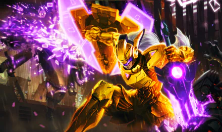 HD PC desktop wallpaper featuring Leona from League of Legends in golden armor with vibrant purple energy effects, inspired by Saint Seiya and video game aesthetics.