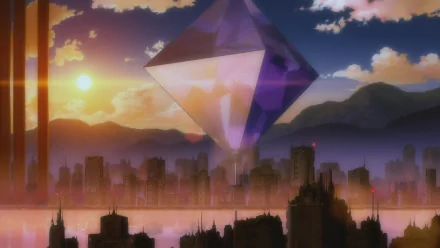 HD PC desktop wallpaper featuring Ramiel, the geometric angel from Neon Genesis Evangelion, set against a sunset cityscape from Evangelion: 1.0 You Are (Not) Alone.