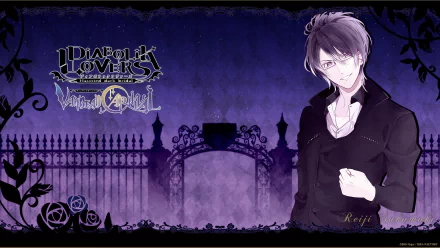HD desktop wallpaper and background image of the anime Diabolik Lovers, featuring a stylish male character in black attire with a gothic backdrop and intricate gate design.