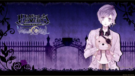 HD desktop wallpaper featuring an Anime character from Diabolik Lovers, standing in front of a gothic gate with a teddy bear, set against a purple and black thematic background with roses.