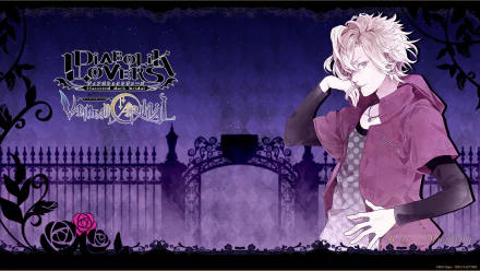 Anime-inspired HD wallpaper featuring a character from Diabolik Lovers, set against a moody purple backdrop with gothic elements and decorative borders.