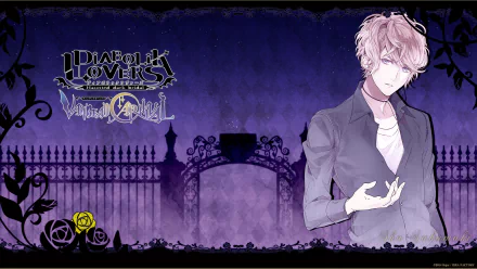 HD desktop wallpaper and background featuring an anime character from Diabolik Lovers, with a dark purple and black gothic theme, ornate gate, roses, and the Diabolik Lovers logo.