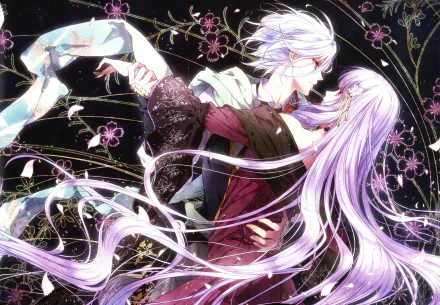 Anime 5K Ultra HD PC wallpaper Reine des Fleurs: two ethereal figures with silver and lavender hair embrace amid swirling floral vines and shimmering ribbons.