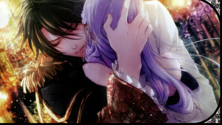 Anime-style 4K Ultra HD wallpaper depicting an intimate embrace between two characters from Reine des Fleurs, glowing with soft, warm lighting and detailed artwork.