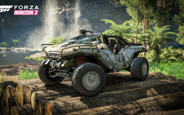 HD PC desktop wallpaper featuring an off-road vehicle from the video game Forza Horizon 3 against a lush, tropical backdrop with waterfalls and dense greenery.