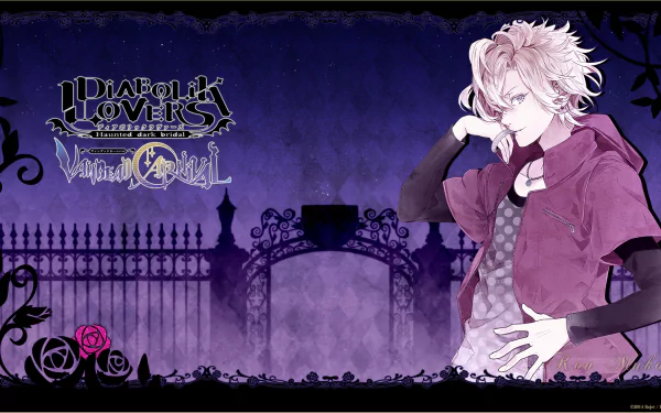 Anime-inspired HD wallpaper featuring a character from Diabolik Lovers, set against a moody purple backdrop with gothic elements and decorative borders.
