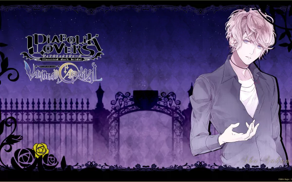 HD desktop wallpaper and background featuring an anime character from Diabolik Lovers, with a dark purple and black gothic theme, ornate gate, roses, and the Diabolik Lovers logo.