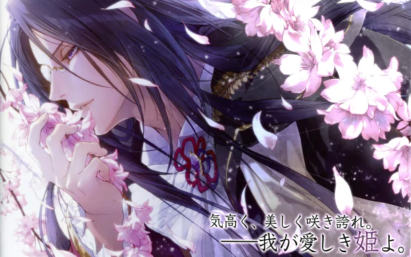 Anime-style Reine des Fleurs character surrounded by pink blossoms, set in a vivid 4K Ultra HD desktop wallpaper scene.