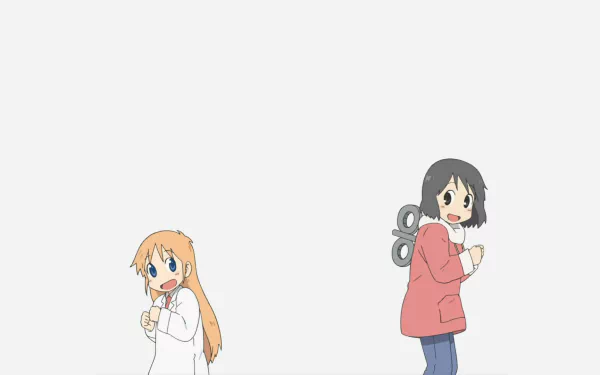 HD PC desktop wallpaper featuring Nano Shinonome and Hakase from the anime Nichijō, depicted with light backgrounds and wind-up key details.