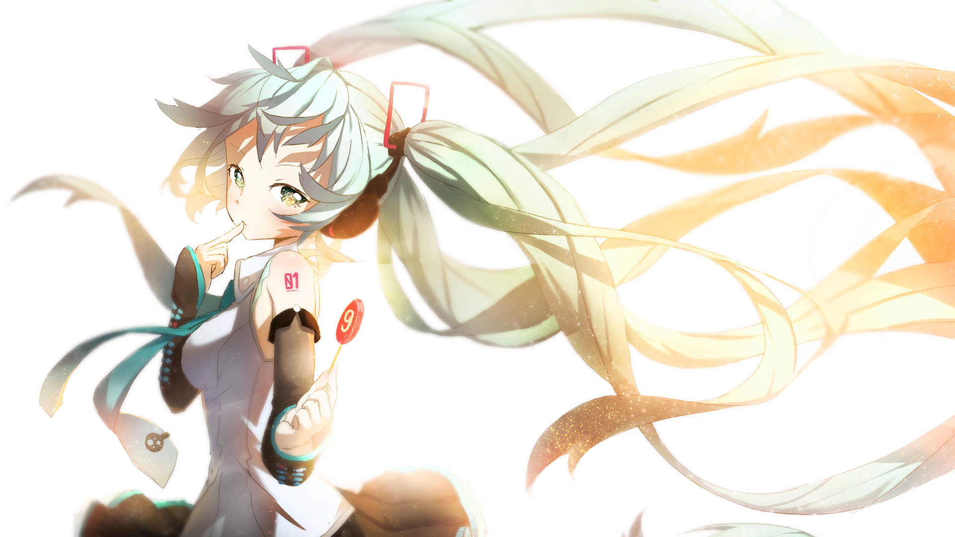 HD anime desktop wallpaper featuring Hatsune Miku, the iconic Vocaloid with long teal twin-tails and futuristic attire, set against a bright, ethereal background.