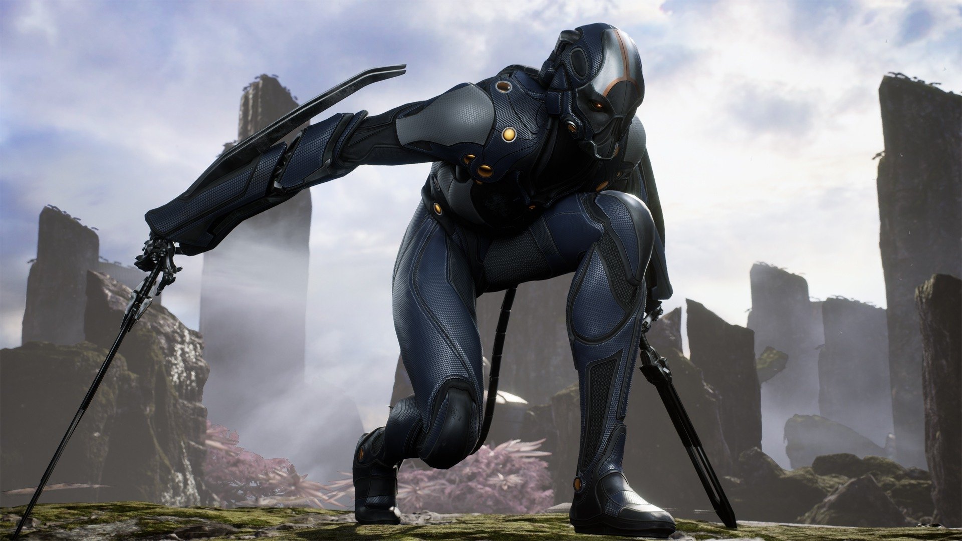 HD PC desktop wallpaper from the video game Paragon featuring a futuristic armored character crouching with blades in a ruined cityscape.