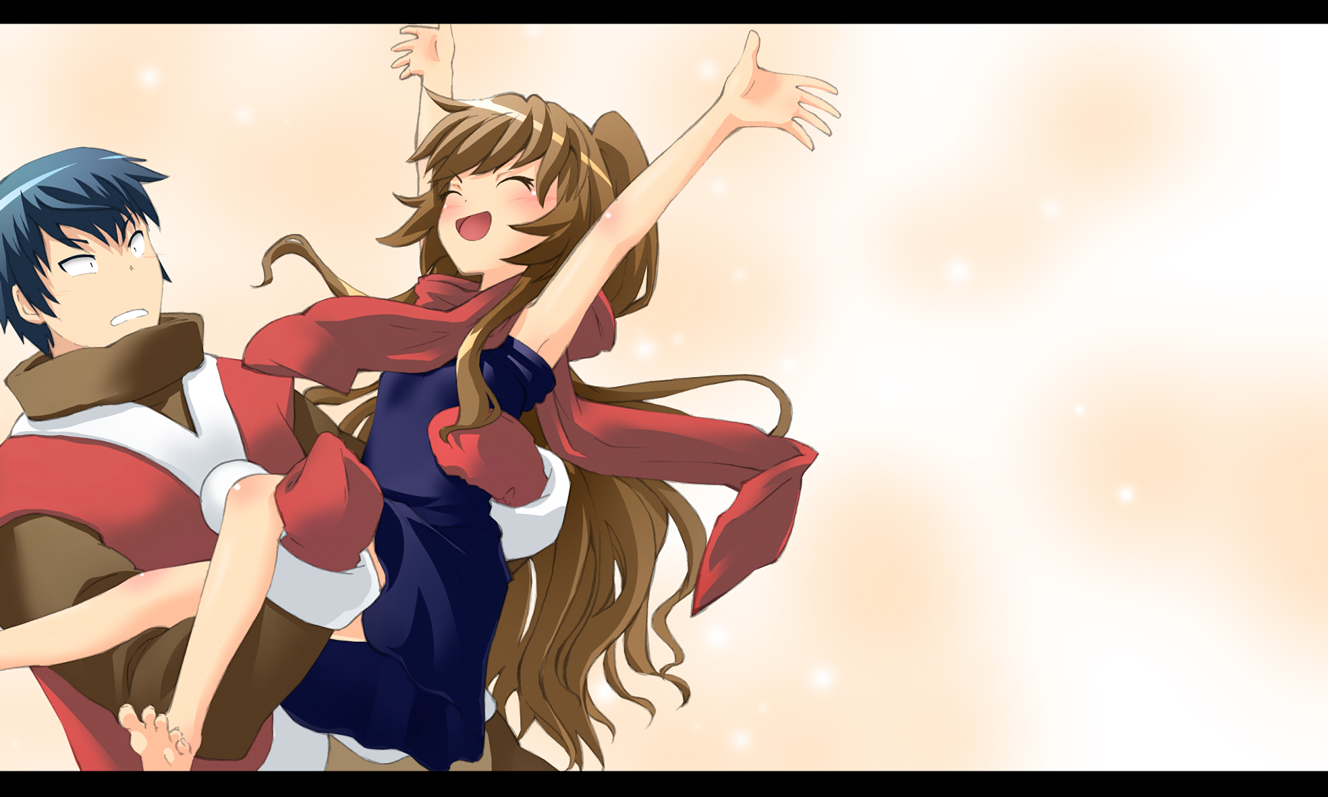 HD anime desktop wallpaper featuring Taiga Aisaka joyfully lifted by Ryuuji Takasu from Toradora!, set against a soft, glowing background.