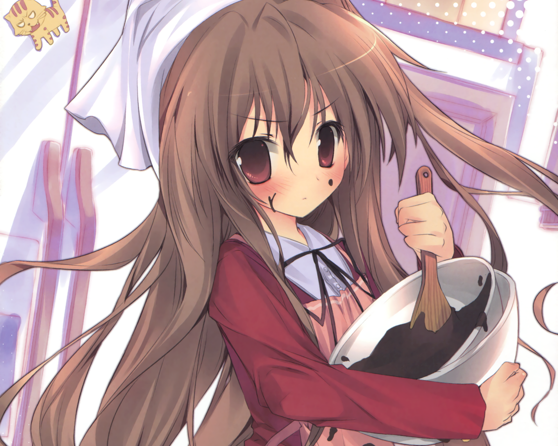 HD anime desktop wallpaper featuring Taiga Aisaka from Toradora! holding a mixing bowl and spoon, with flowing brown hair and a determined expression.