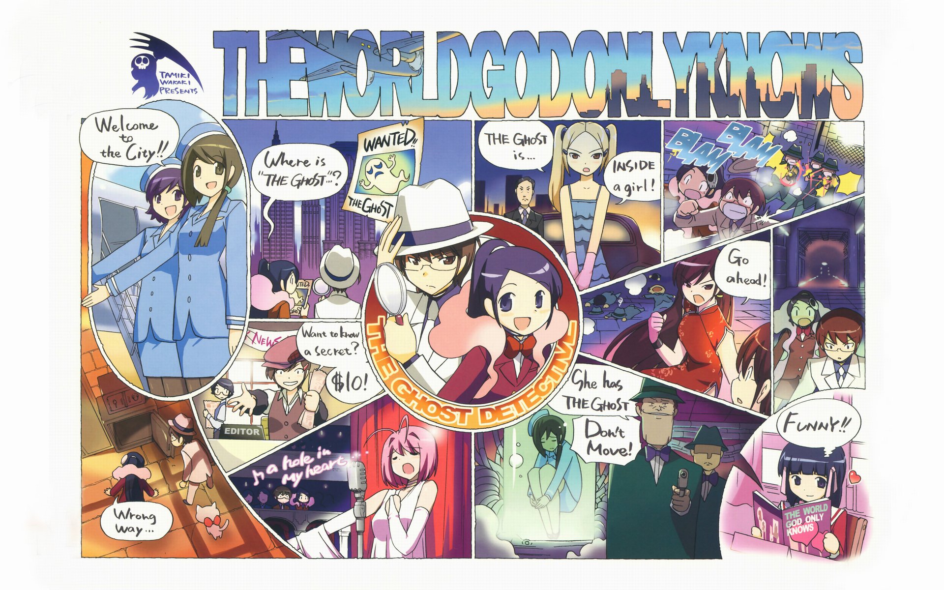 Anime HD PC desktop wallpaper and background of The World God Only Knows: colorful comic-panel collage showing Keima and multiple heroines beneath the series title.