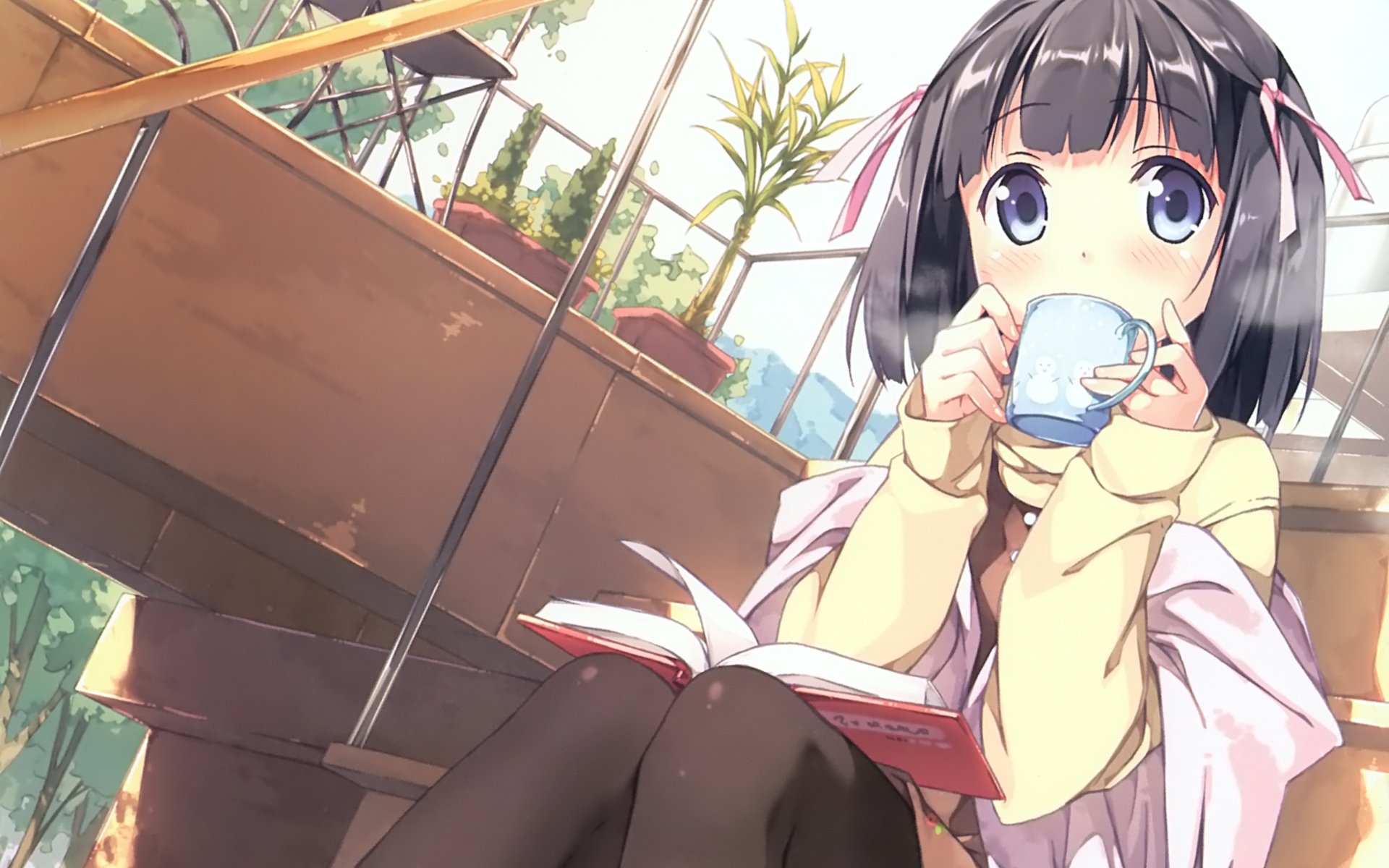 A serene anime scene from The World God Only Knows, featuring a girl with black hair sipping tea while seated with a book, set against a bright, floral background.