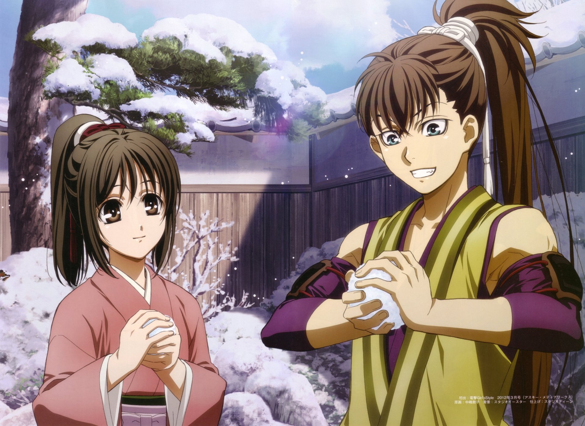 Anime 8K Ultra HD PC desktop wallpaper — Hakuouki Shinsengumi Kitan: two young samurai in traditional dress smiling as they make snowballs in a tranquil snow-covered courtyard.