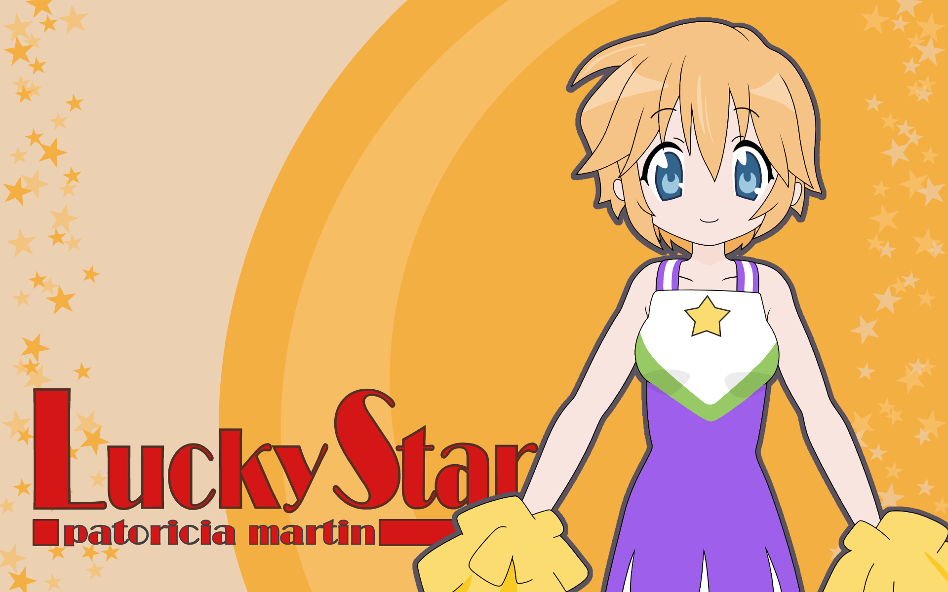 HD PC desktop wallpaper featuring Patricia Martin from the anime Lucky Star in a purple and white outfit with yellow gloves against an orange starry background.