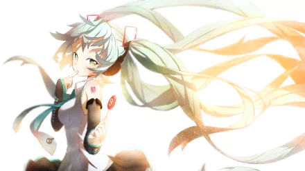 HD anime desktop wallpaper featuring Hatsune Miku, the iconic Vocaloid with long teal twin-tails and futuristic attire, set against a bright, ethereal background.