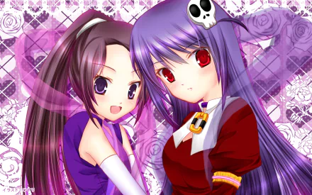HD anime desktop wallpaper featuring two characters from The World God Only Knows with vibrant purple hues and detailed backgrounds.
