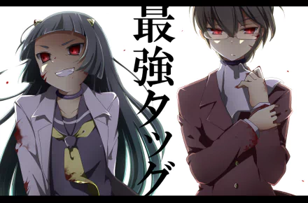 Anime-inspired HD wallpaper from The World God Only Knows, featuring two characters with striking red eyes, exuding intensity against a stark background.