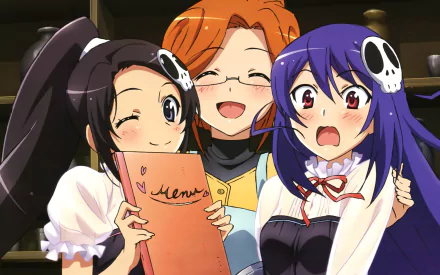 HD PC desktop wallpaper featuring three characters from the anime The World God Only Knows, showcasing bright expressions and colorful attire in a lively scene.