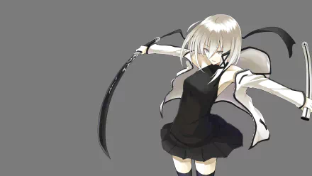 Anime character Zinnia Silane features white eyes and white hair, wielding a katana, set against a smooth gray background, creating a striking HD wallpaper.