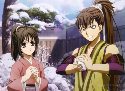 Anime 8K Ultra HD PC desktop wallpaper — Hakuouki Shinsengumi Kitan: two young samurai in traditional dress smiling as they make snowballs in a tranquil snow-covered courtyard.