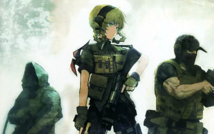 HD anime desktop wallpaper featuring Suzuha Amane from Steins;Gate, depicted in tactical gear alongside two armed figures in a foggy, atmospheric setting.