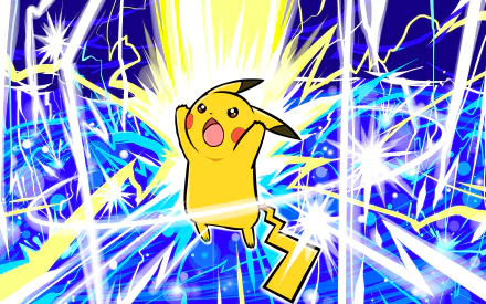 HD desktop wallpaper featuring Pikachu from the Pokémon anime, surrounded by bright electric energy against a vibrant blue background.