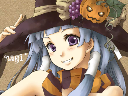 Anime HD PC desktop wallpaper background from Kannagi: Crazy Shrine Maidens — smiling Nagi in a witch hat with a jack‑o'‑lantern ornament, purple eyes and silver hair.