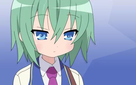 HD PC wallpaper of Minami Iwasaki from Lucky Star: close-up of a calm, blue-eyed anime girl with green hair in her school uniform against a faceted blue background.