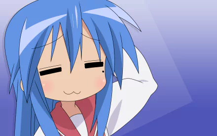 Konata Izumi from Lucky Star — anime HD PC desktop wallpaper: chibi blue-haired girl with a smug smile and school uniform against a purple gradient background.