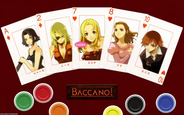 HD PC desktop wallpaper featuring anime characters from Baccano! displayed on playing cards against a deep red background with colorful poker chips below.