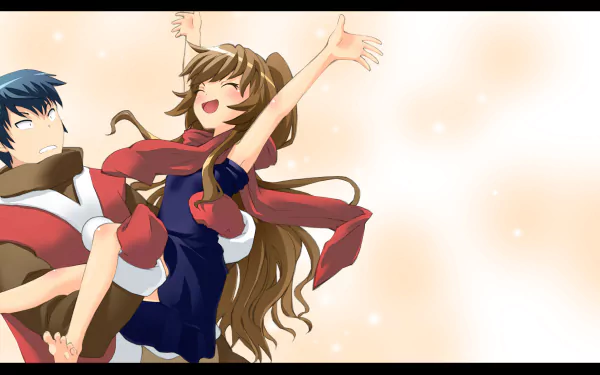 HD anime desktop wallpaper featuring Taiga Aisaka joyfully lifted by Ryuuji Takasu from Toradora!, set against a soft, glowing background.
