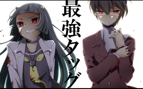 Anime-inspired HD wallpaper from The World God Only Knows, featuring two characters with striking red eyes, exuding intensity against a stark background.